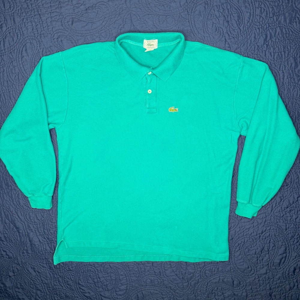 Vintage Izod Lacoste Mens Long Sleeve Polo Shirt Teal Green Pique Cotton Large
